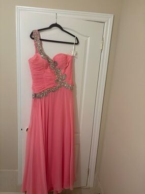 Tony Bowls Pink One-Shoulder Pleated Evening Gown with Beaded Detail